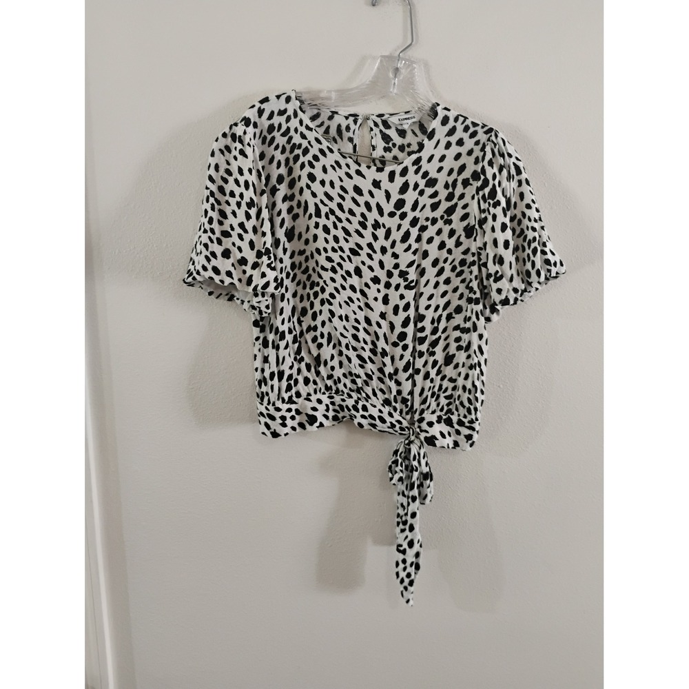 Express Womens Animal Print Tie Front Crop Blouse Black White Short Sleeve Small